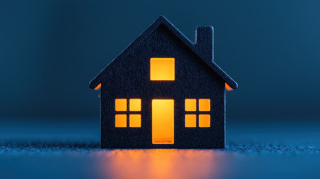 A cozy house silhouette illuminated warmly against a dark blue background, evoking a sense of comfort and tranquility.の素材