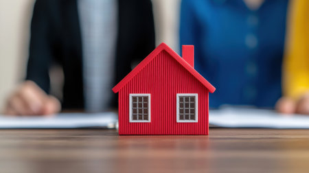 A miniature red house sits prominently on a table, with two individuals discussing paperwork in the background, symbolizing home buying or real estate transactions.の素材