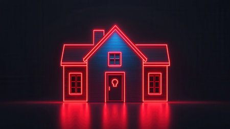 A futuristic neon house illustration glowing in red and blue against a dark background, symbolizing modern architecture and technology.の素材