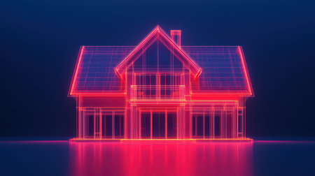A glowing, neon outline of a house against a dark background, showcasing a modern and futuristic architectural design.の素材