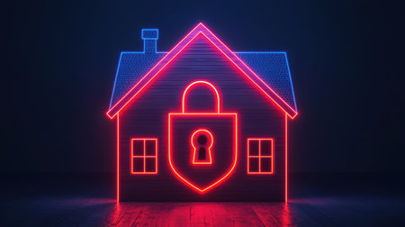 A neon-lit house with a lock symbol emphasizes home security, blending modern design with the concept of safety.の素材