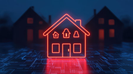 A glowing, neon outline of a house stands out against a dark background, symbolizing digital home security and smart technology.の素材