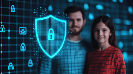 A man and a girl stand together, surrounded by digital icons and a glowing shield symbolizing cybersecurity and protection.の素材