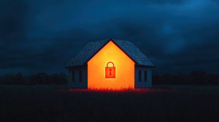 A glowing house stands isolated against a dark, stormy sky, featuring a prominent padlock, symbolizing security and mystery.の素材
