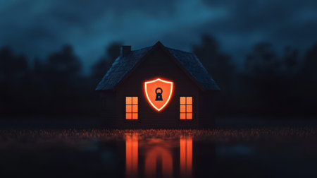 A dark, atmospheric image of a house illuminated by a glowing shield with a lock, symbolizing security and protection.の素材