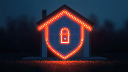 A digital home icon with a glowing shield and padlock symbolizes security and protection in a modern, tech-driven environment.の素材
