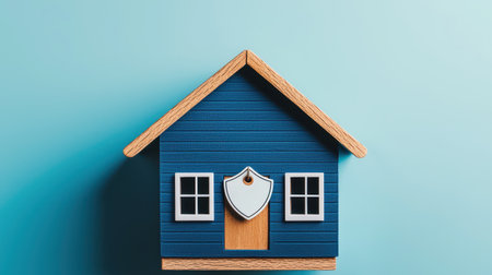 A charming blue house model with a wooden roof and a shield emblem, symbolizing security and home protection against a light backdrop.の素材