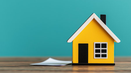 A colorful yellow house model on a wooden surface against a teal background, symbolizing home and comfort.の素材