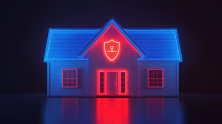 A luminous, stylized house icon featuring a security shield, illuminated in blue and red against a dark background.の素材