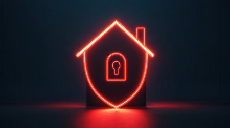 A glowing red house icon with a shield and keyhole symbolizes security and protection in a modern design.の素材