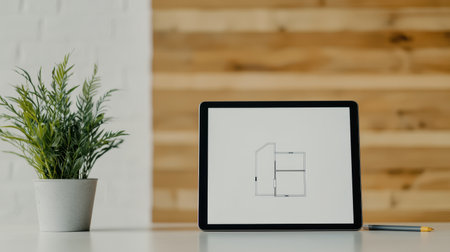 A minimalist workspace featuring a tablet displaying a sketch, a potted plant, and a wooden background, creating a serene and creative atmosphere.の素材