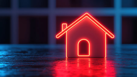 A glowing red neon house icon illuminated against a dark surface, creating a vibrant and modern ambiance.の素材