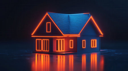 A glowing, neon-lit house model reflects on a dark surface, creating a modern and artistic ambiance.の素材