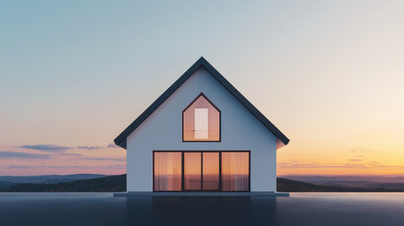 A modern house silhouette against a colorful sunset, showcasing large windows and minimalist design in a serene landscape.の素材