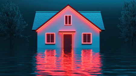 A house partially submerged in water, illuminated by red lights, creating a surreal and haunting atmosphere in a flooded landscape.の素材