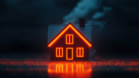 A glowing miniature house model with smoke in the background, evoking a warm and cozy atmosphere.の素材