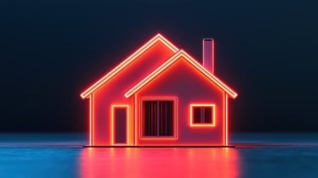 A glowing neon outline of a house against a dark background, symbolizing warmth, comfort, and modern design.の素材
