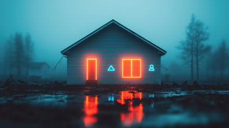 A neon-lit house stands in a foggy landscape, reflecting vibrant colors in puddles, creating a mysterious and atmospheric scene.の素材