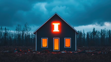 A dark, moody house stands alone under a stormy sky, illuminated by a glowing letter "I" and warm light from the windows.の素材