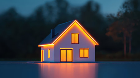 A serene, illuminated house stands by a tranquil body of water, surrounded by soft lighting and natural scenery, creating a warm and inviting atmosphere.の素材