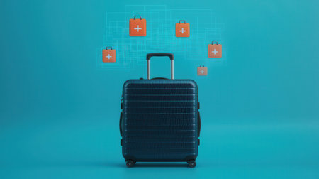 A sleek black suitcase is set against a vibrant blue background, with digital icons representing travel essentials floating above it.の素材