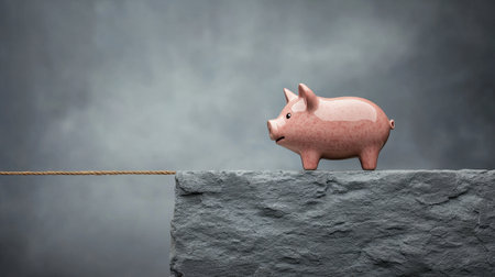 A piggy bank stands precariously on a rocky edge, symbolizing the risks and balance of saving and financial management.の素材