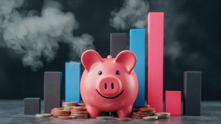 A pink piggy bank sits among coins and bar graphs, symbolizing savings and financial growth.の素材