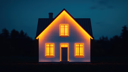 A cozy house illuminated at night, showcasing warm lights through its windows against a dark sky.の素材