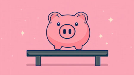 A cute, cartoon-style piggy bank stands on a simple platform against a pink background, exuding a playful and cheerful vibe.の素材