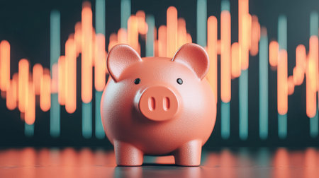 A pink piggy bank stands in front of fluctuating financial graphs, symbolizing savings and investment trends in a modern financial landscape.の素材