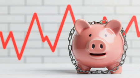 A pink piggy bank secured with a chain, against a backdrop of a rising graph, symbolizing financial growth and security.の素材