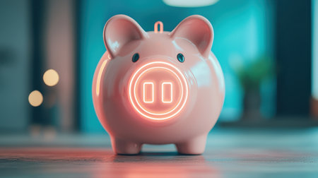 A modern, illuminated piggy bank sits on a surface, symbolizing savings and financial growth in a stylish, contemporary setting.の素材