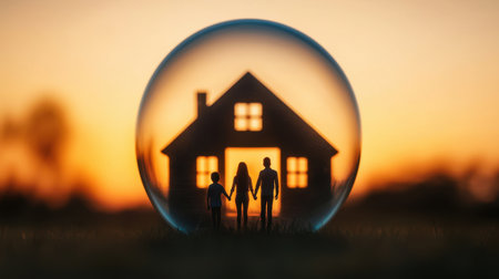 A family silhouette stands inside a bubble, depicting a house, against a warm sunset background, symbolizing home and togetherness.の素材
