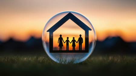 A family silhouette stands inside a bubble shaped like a house, symbolizing unity and protection against a sunset backdrop.の素材