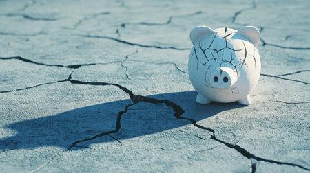 A cracked piggy bank rests on a dry, cracked surface, symbolizing financial struggle and the impact of economic hardship.の素材