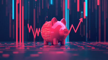 A vibrant, digital piggy bank stands against a backdrop of rising graphs and bright lines, symbolizing saving and financial growth.の素材