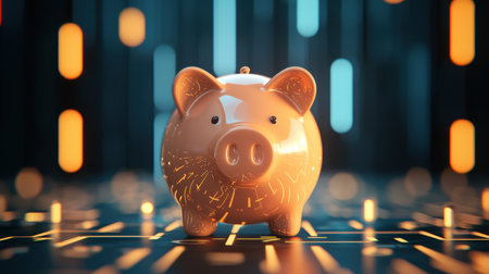 A cute piggy bank stands out against a vibrant, glowing background, symbolizing savings and financial growth in a modern context.の素材