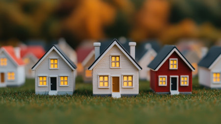 A charming display of miniature houses with illuminated windows, set against a softly blurred background of colorful foliage.の素材