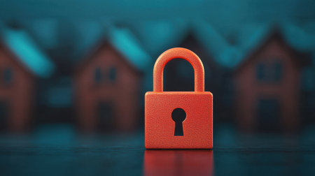 A vibrant orange padlock stands in focus, symbolizing security, against a blurred background of houses, highlighting themes of protection and safety.の素材