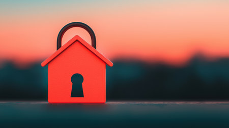 A vibrant red house-shaped padlock symbolizes security and protection against threats, set against a blurred sunset background.の素材