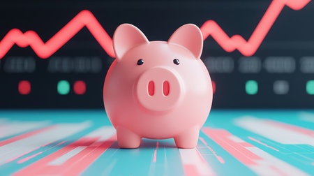 A pink piggy bank stands in front of a graph with red and green lines, symbolizing financial growth and investment strategies.の素材