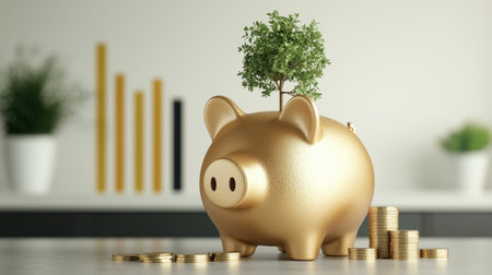 A golden piggy bank with a plant growing from it sits beside coins, symbolizing savings and financial growth in a modern setting.の素材