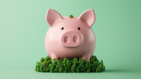 A cheerful pink piggy bank sits on a patch of grass against a soft green background, symbolizing savings and financial growth.の素材