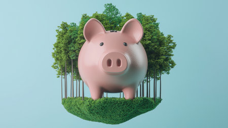 A pink piggy bank stands amidst lush green trees, symbolizing savings, growth, and environmental awareness in a vibrant setting.の素材