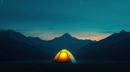 A glowing tent sits against a backdrop of dark mountains under a starry night sky, creating a serene camping atmosphere.の素材