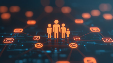 A digital illustration showcasing a family figure surrounded by interconnected icons, symbolizing social networks and connectivity.の素材