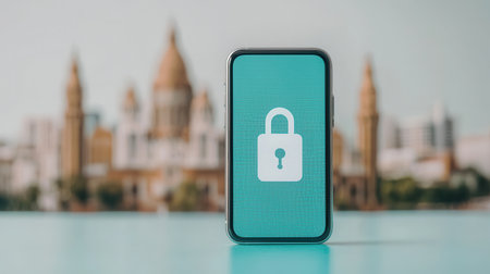 A smartphone displaying a padlock icon on a green background, symbolizing security and privacy, with a blurred historical building in the background.の素材