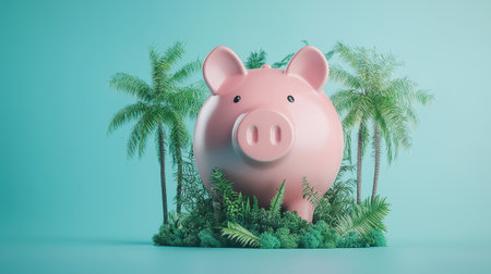 A large pink piggy bank surrounded by lush green plants against a light blue background, symbolizing savings and environmental awareness.の素材