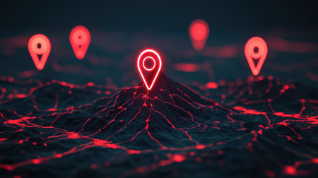 A futuristic landscape featuring glowing red location pins on a dark, textured surface, symbolizing navigation and digital connectivity.の素材