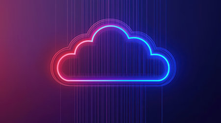 A neon cloud icon glows against a dark background, representing digital storage and modern technology.の素材